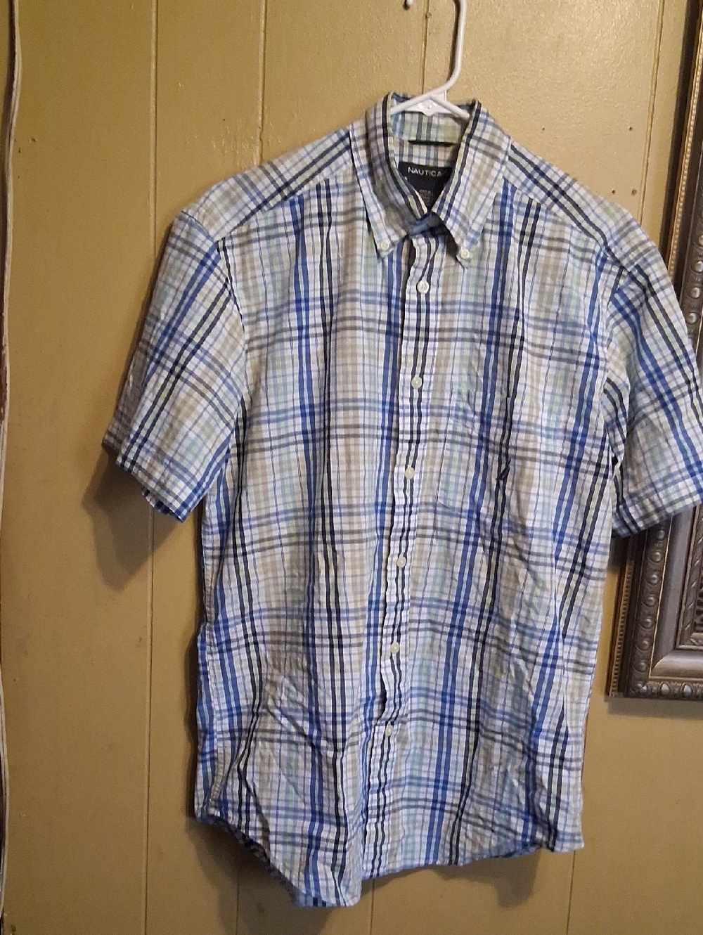 Nautica Blue and White Plaid Short-Sleeve Button-Down Shirt